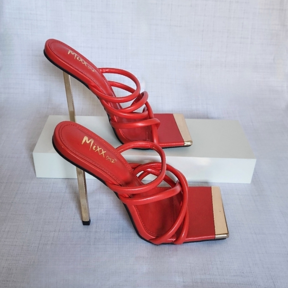 Miss Lola Red Strappy Square Toe High Heels with Gold Accents